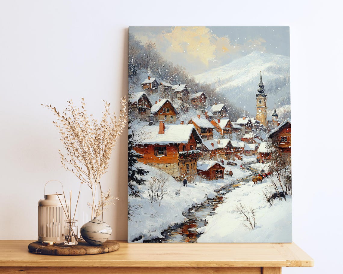 Alpine Village Snowy Winter Chalets Church Mountain Art Poster - Image 2