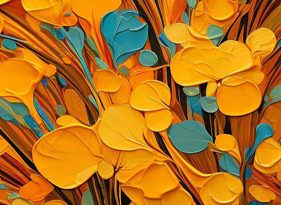 Golden Blossoms With Teal Accents Impasto Abstract Floral Art Poster - Image 2