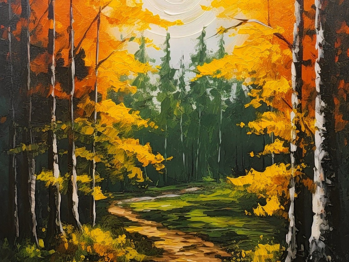 Golden Birch Forest Path Impressionist Autumn Painting Poster - Image 3