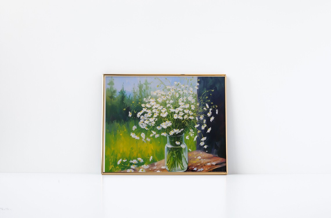 White Daisy Bouquet In Glass Jar Impressionist Window Painting Poster - Image 2