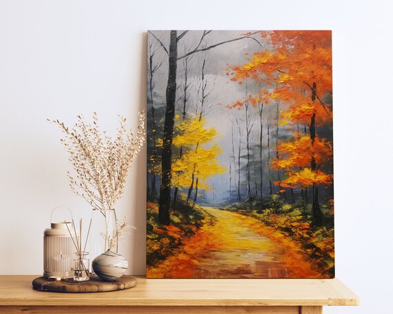 Misty Autumn Forest Path Golden Trees Serene Woodland Poster