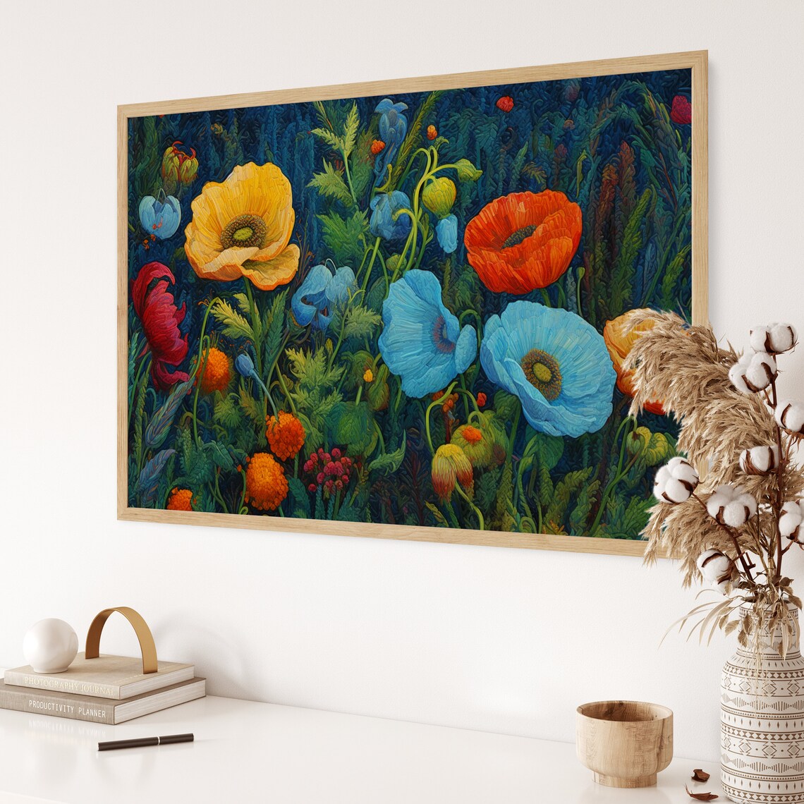 Blue Poppy Flowers Dark Night Garden Textured Floral Art Poster - Image 3