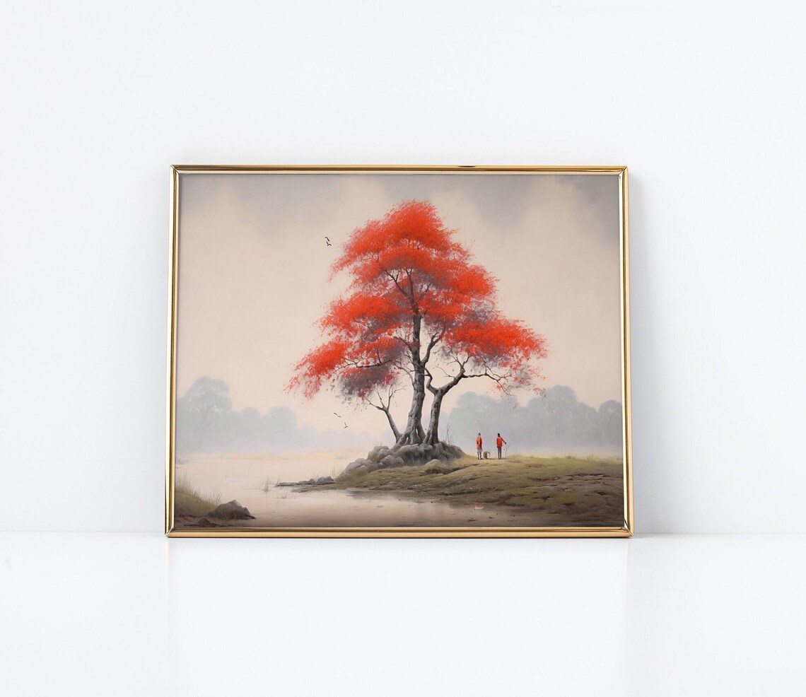 Red Autumn Tree By Misty River With Two Fishermen Landscape Poster - Image 2