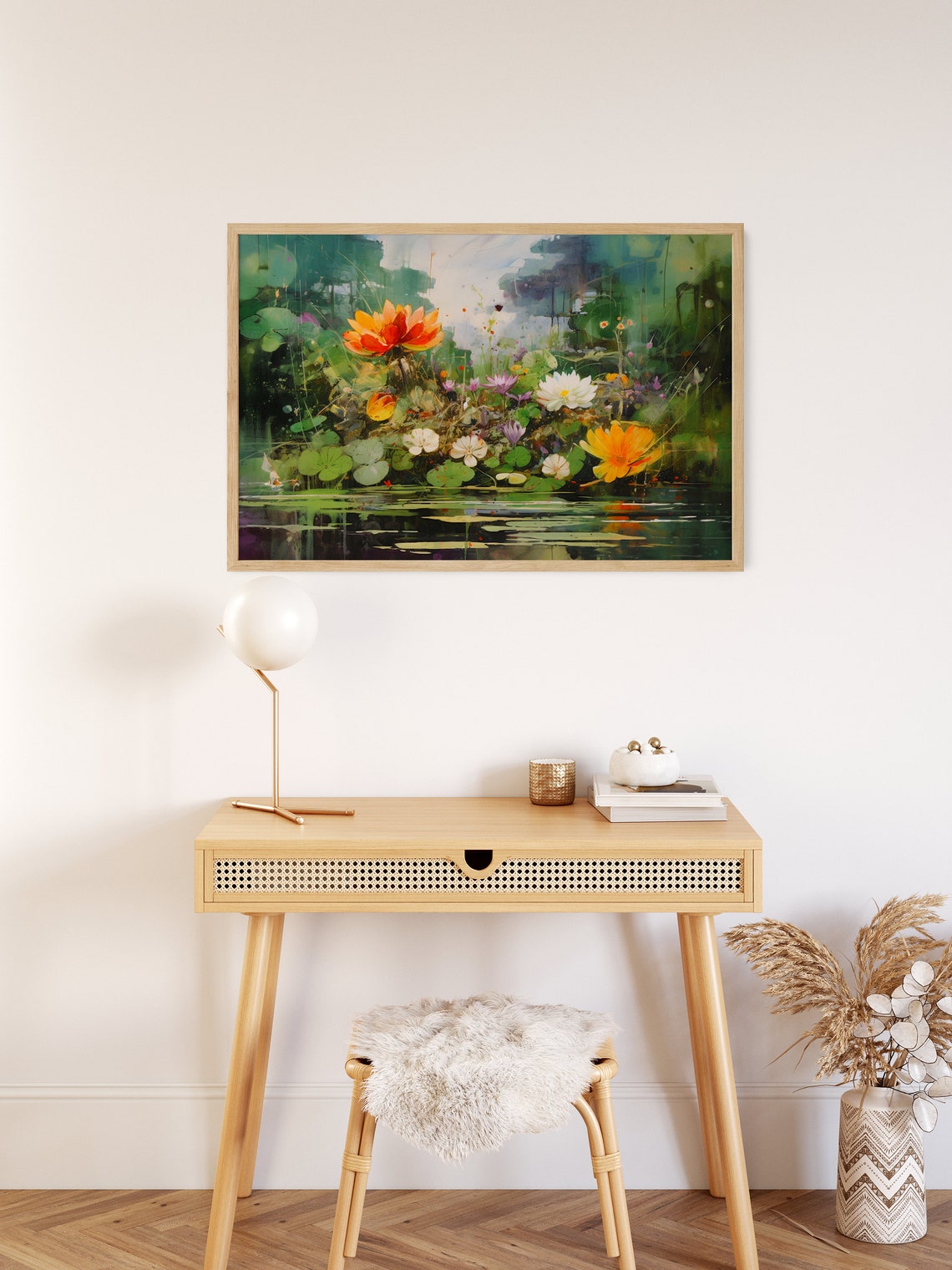 Lotus Flowers Pond Reflection Lush Green Nature Painting Poster - Image 3