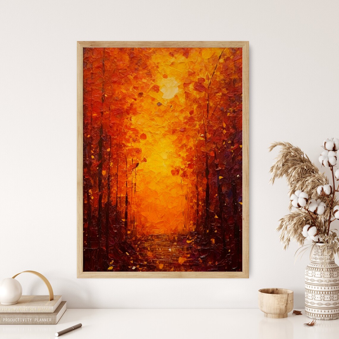 Glowing Autumn Forest Path In Fiery Orange Impasto Landscape Poster - Image 3