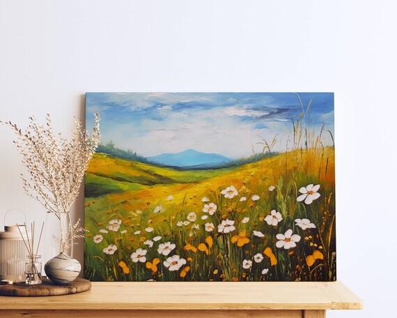 Summer Meadow Painting White Daisies Golden Hills Landscape Poster