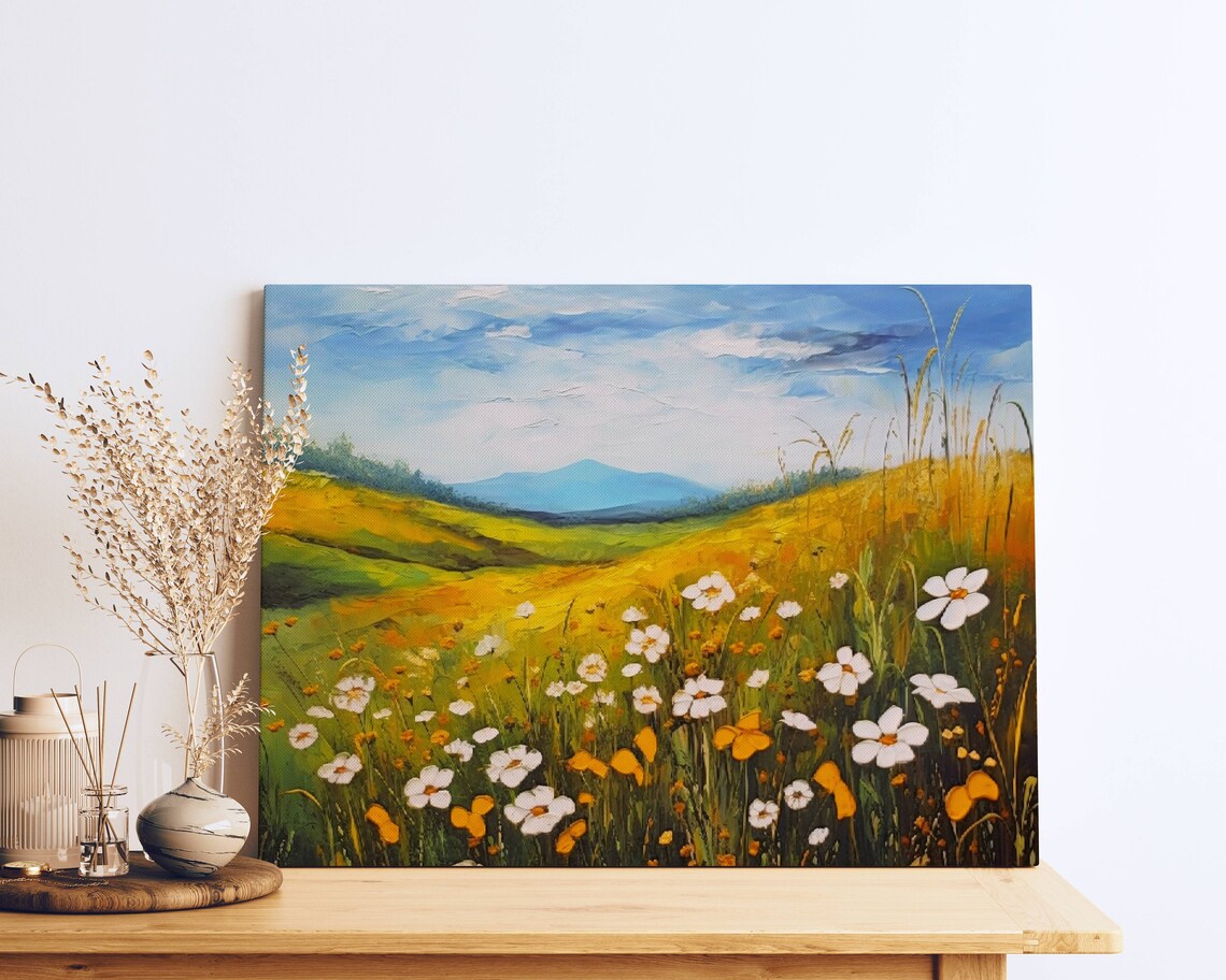 Summer Meadow Painting White Daisies Golden Hills Landscape Poster