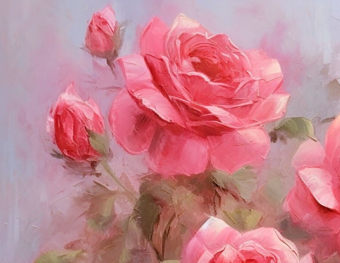 Soft Pink Roses Bloom Romantic Impressionist Floral Oil Poster - Image 3