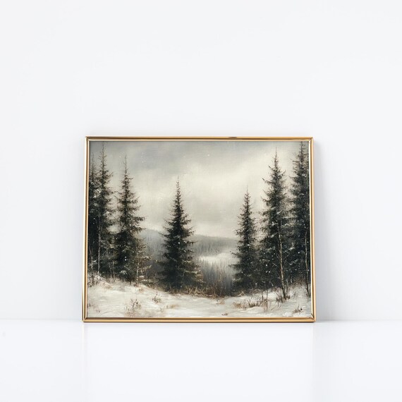 Misty Winter Evergreens Snowy Mountain Valley Landscape Poster