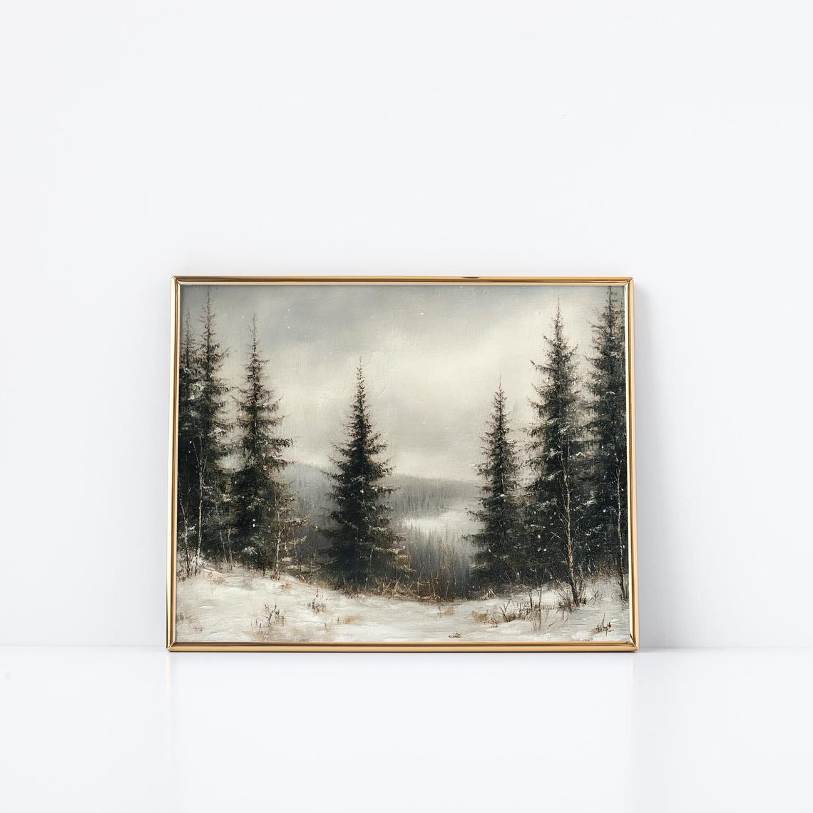 Misty Winter Evergreens Snowy Mountain Valley Landscape Poster
