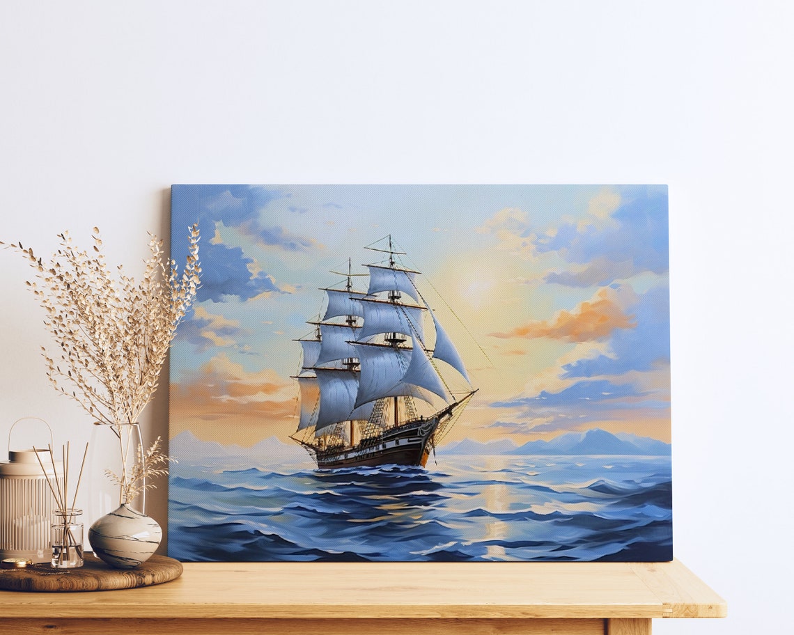 Majestic Tall Ship With Full Sails On Ocean Sunset Seascape Poster