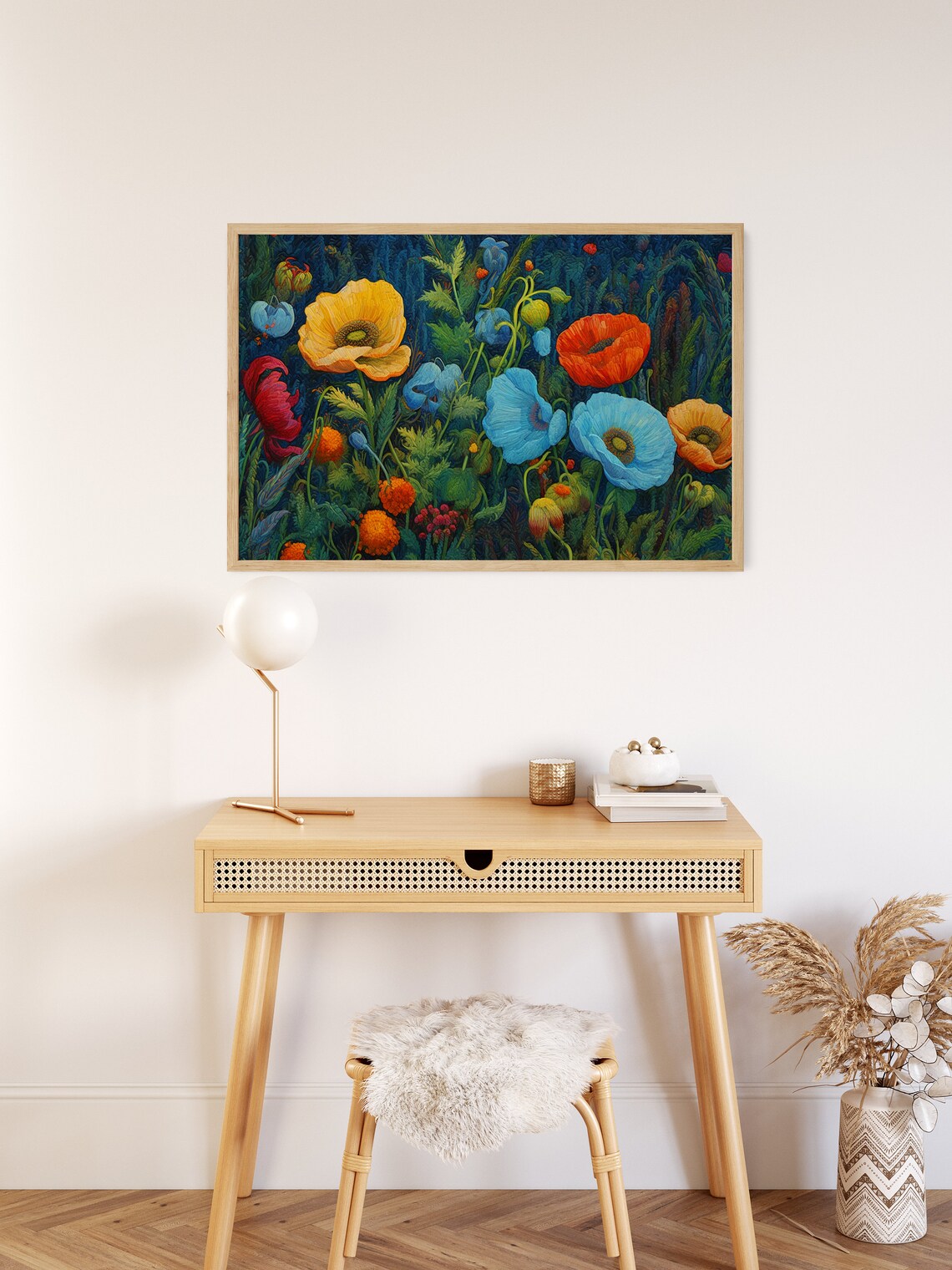 Blue Poppy Flowers Dark Night Garden Textured Floral Art Poster - Image 2