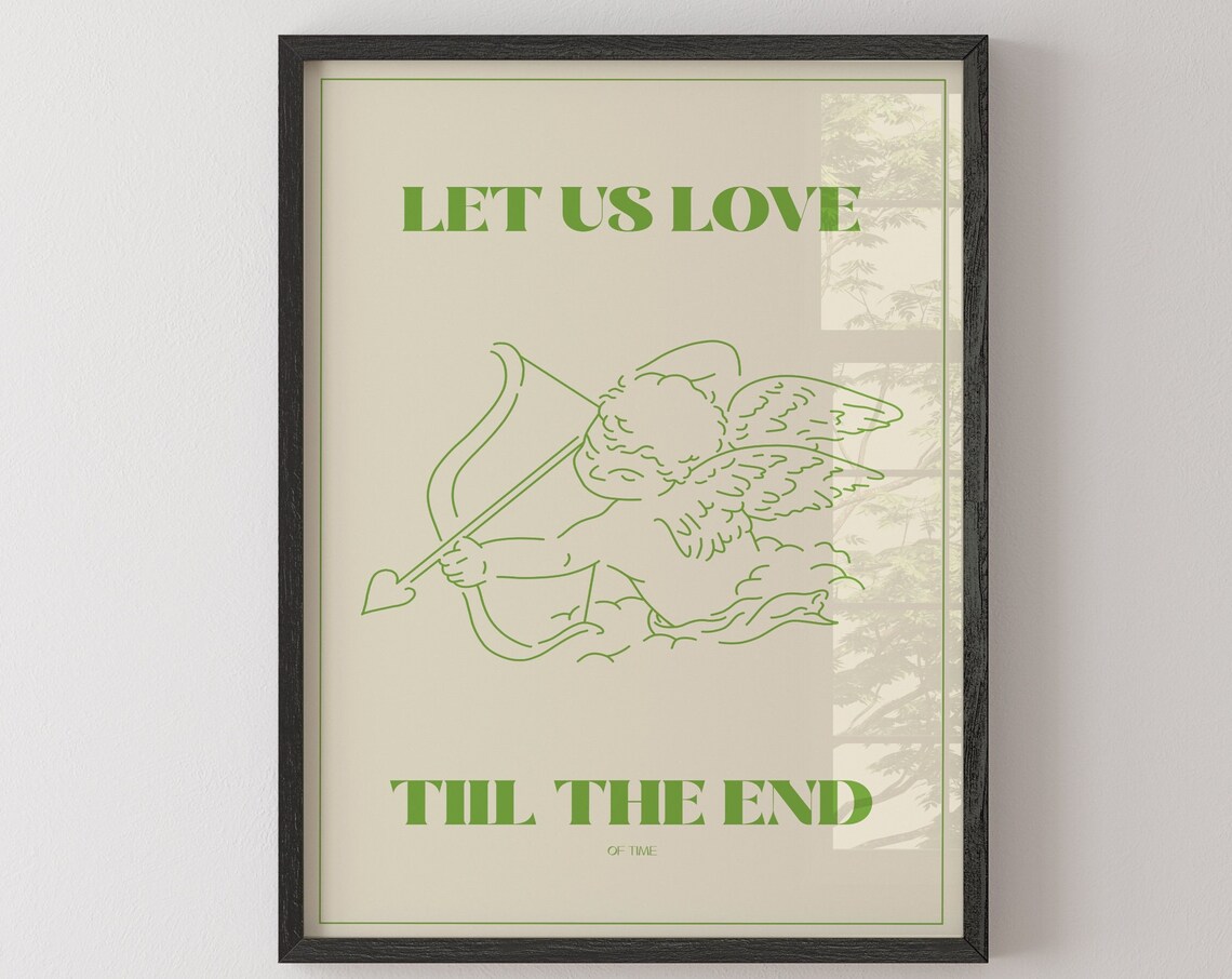 Let Us Love Till The End Cupid Cherub Green Line Art Quote Poster - Image 3