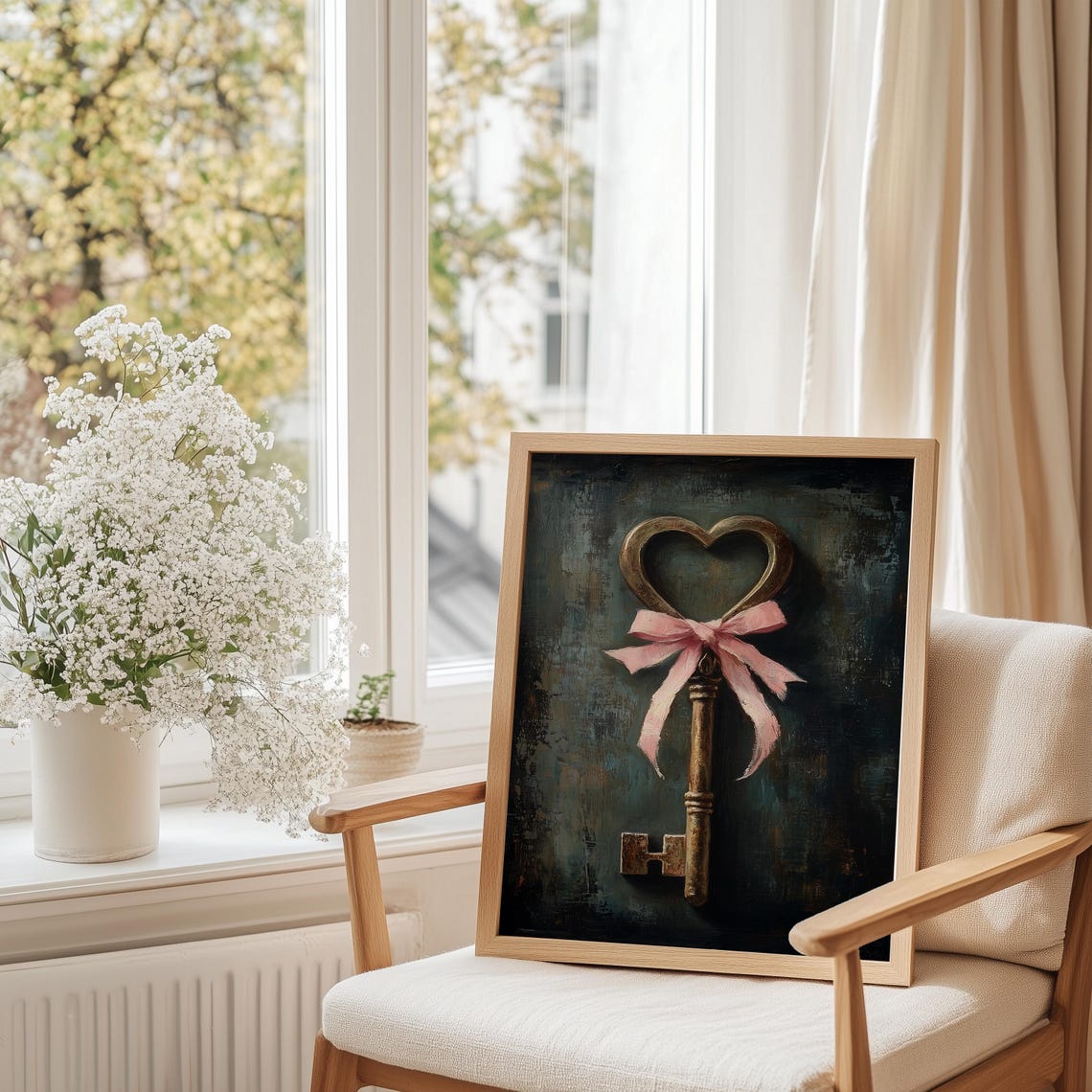 Vintage Heart Shaped Key Pink Bow Moody Oil Painting Art Poster - Image 4