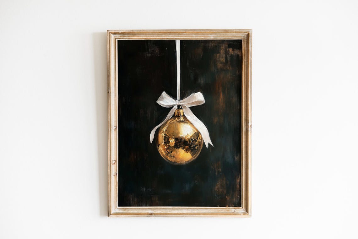 Gold Christmas Ornament with White Bow on Black Moody Poster - Image 6