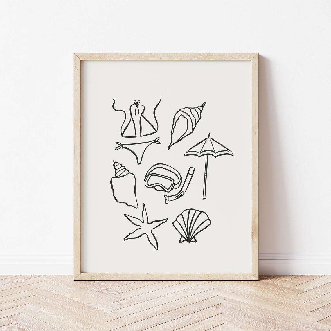 Beach Essentials Line Art Bikini Shells Snorkel Coastal Art Poster - Image 3