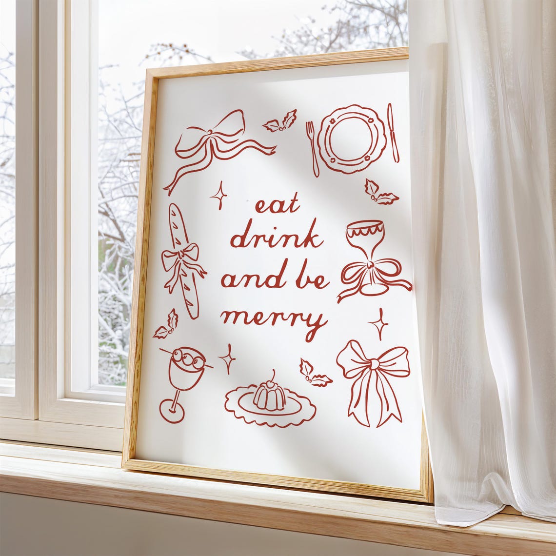 Eat Drink and Be Merry Red Line Art Holiday Doodle Party Wall Art - Image 3