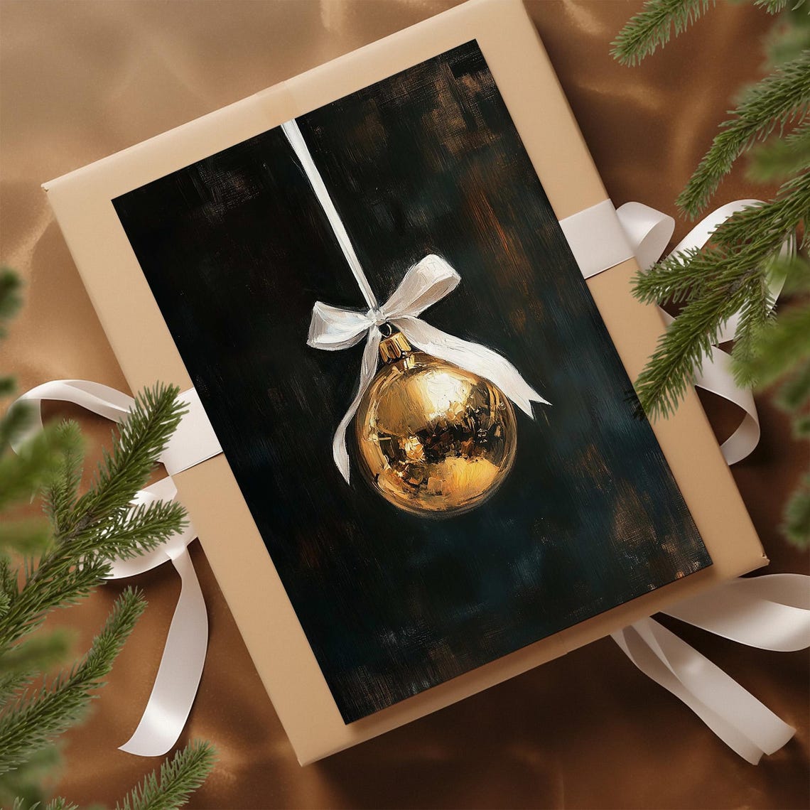 Gold Christmas Ornament with White Bow on Black Moody Poster - Image 5