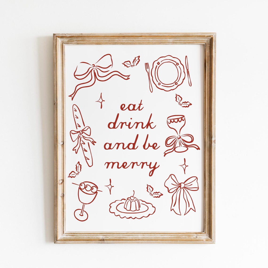 Eat Drink and Be Merry Red Line Art Holiday Doodle Party Wall Art