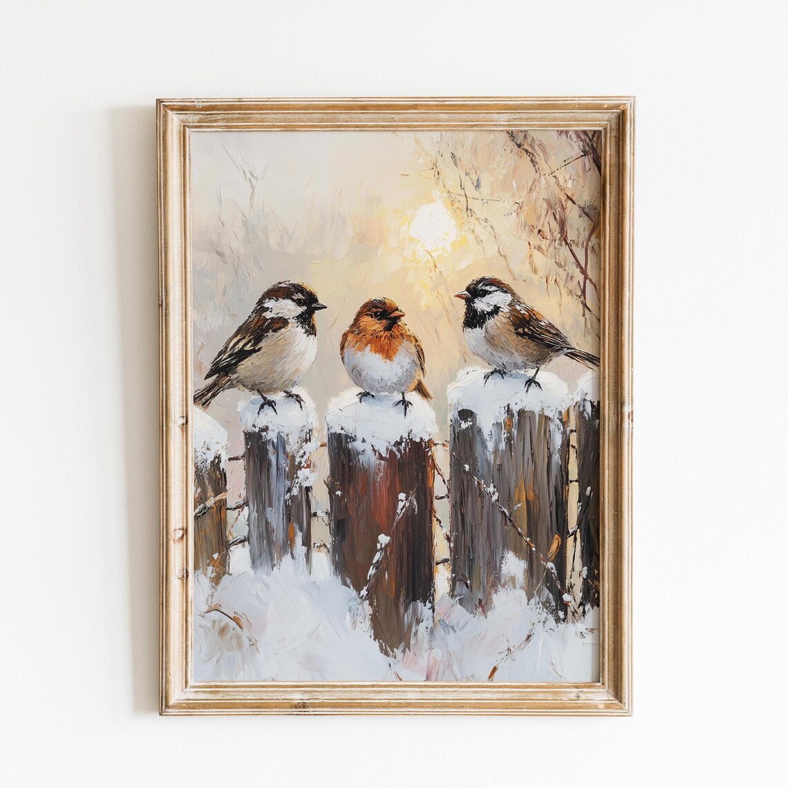 Three Winter Birds on Snowy Fence Posts Golden Light Bird Poster