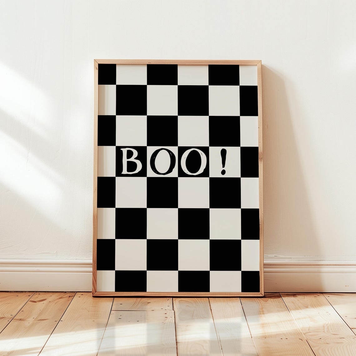 Boo Checkerboard Black White Retro Halloween Typographic Poster - Image 3