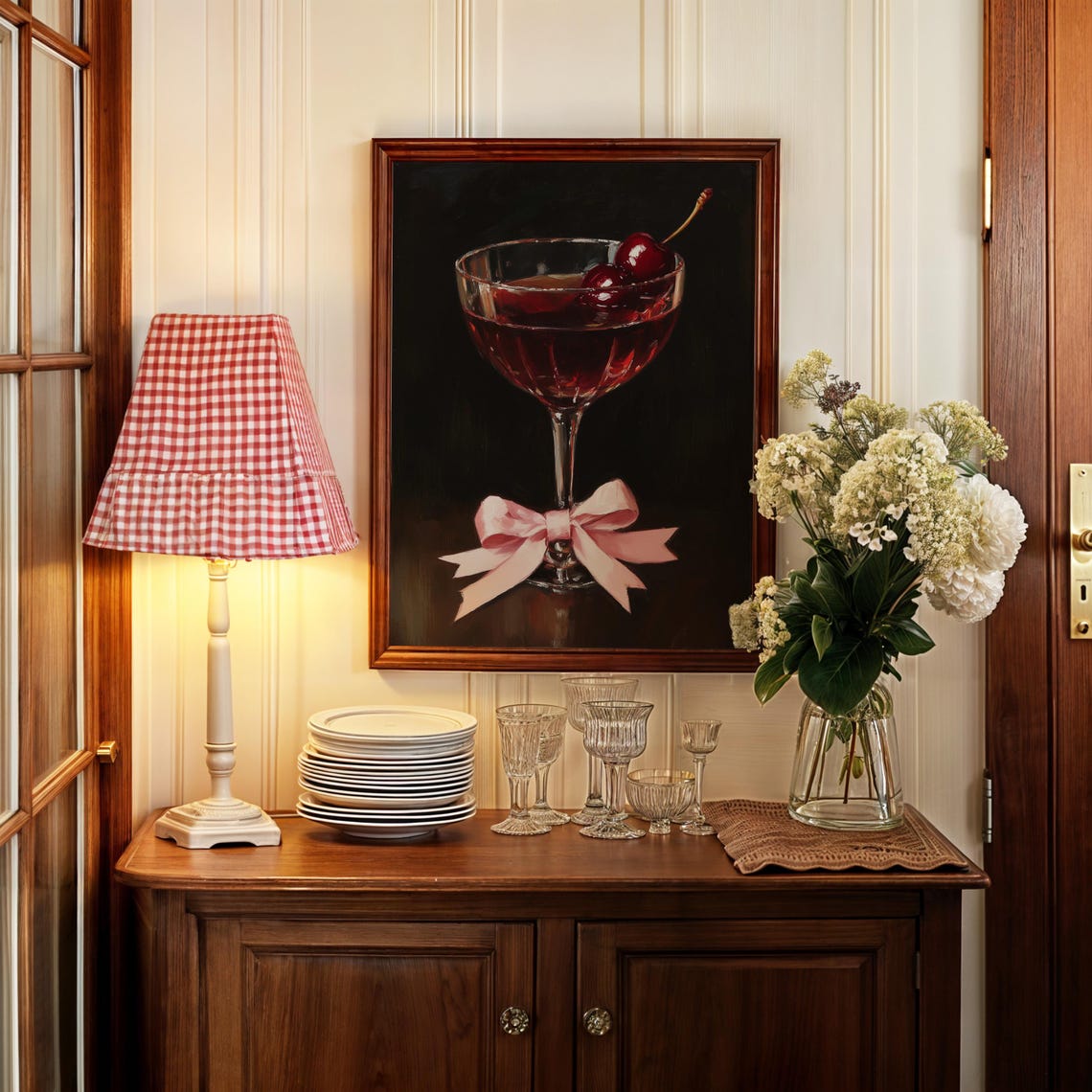 Manhattan Cocktail Cherries Pink Bow Dark Moody Bar Art Poster - Image 5