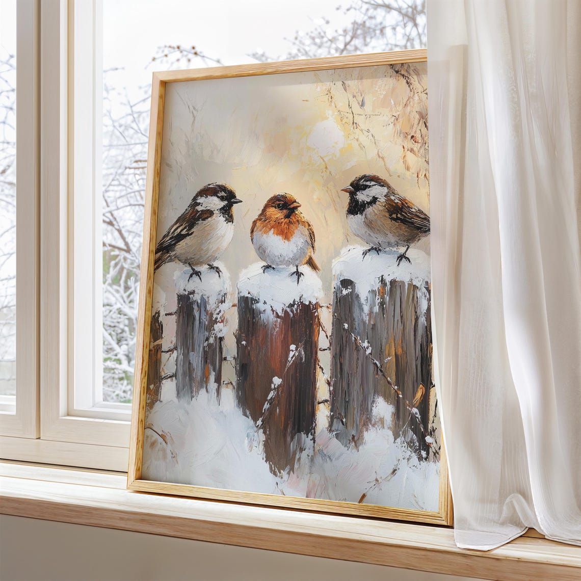 Three Winter Birds on Snowy Fence Posts Golden Light Bird Poster - Image 5