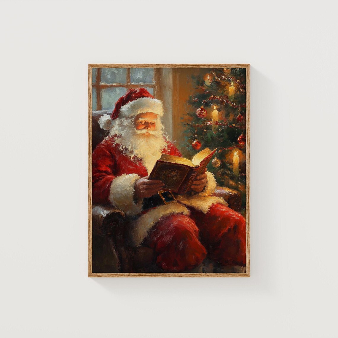 Santa Claus Reading by the Christmas Tree Cozy Vintage Style Poster - Image 5