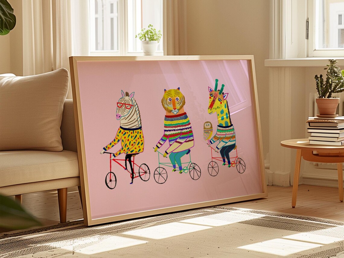 Cycling Friends Girls Nursery Bike Art Print