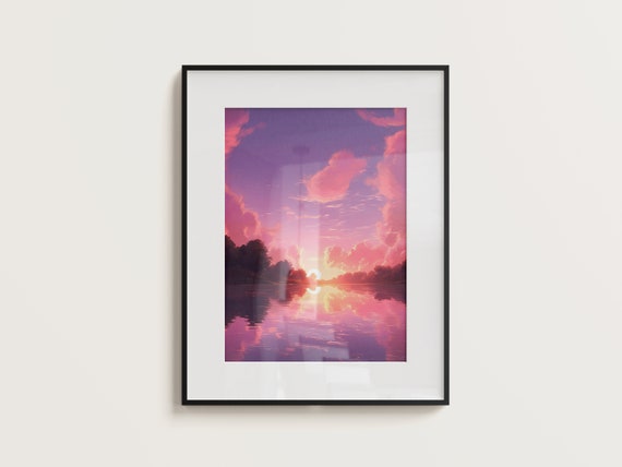 Pink Sunset Print Lo Fi Aesthetic Poster Pastel Sunrise Lake Printable Art Scenic View Wall Decor Aesthetic Landscape Wall Art