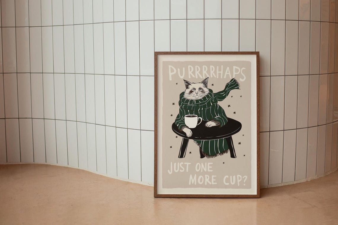 Cat Coffee Art Print Funny Cat Poster Coffee Lover Gift Cute Cat Decor Trendy Cafe Printable Wall Art Quirky Kitchen Wall Decor