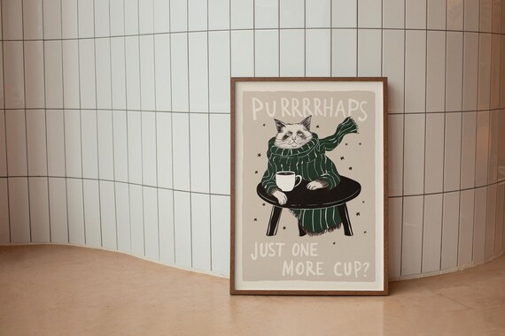 Cat Coffee Art Print Funny Cat Poster Coffee Lover Gift Cute Cat Decor Trendy Cafe Printable Wall Art Quirky Kitchen Wall Decor