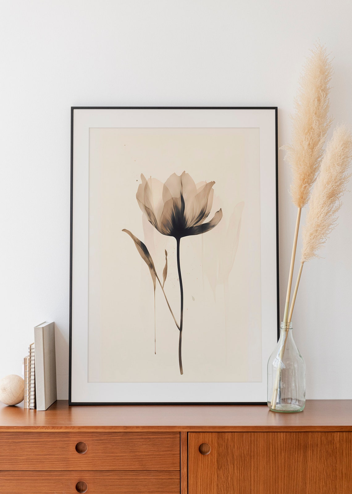 Single Beige Tulip Black Watercolor Minimalist Flower Poster