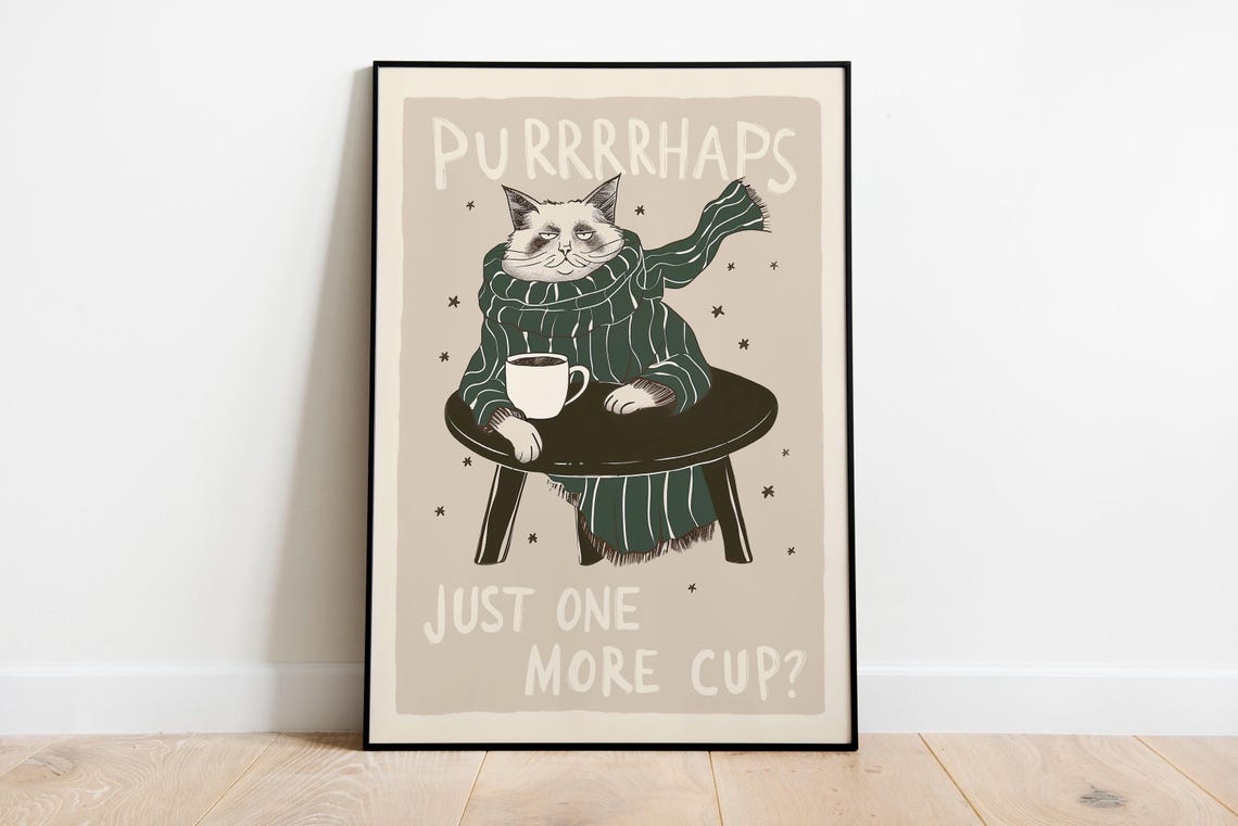 Cat Coffee Art Print Funny Cat Poster Coffee Lover Gift Cute Cat Decor Trendy Cafe Printable Wall Art Quirky Kitchen Wall Decor - Image 3