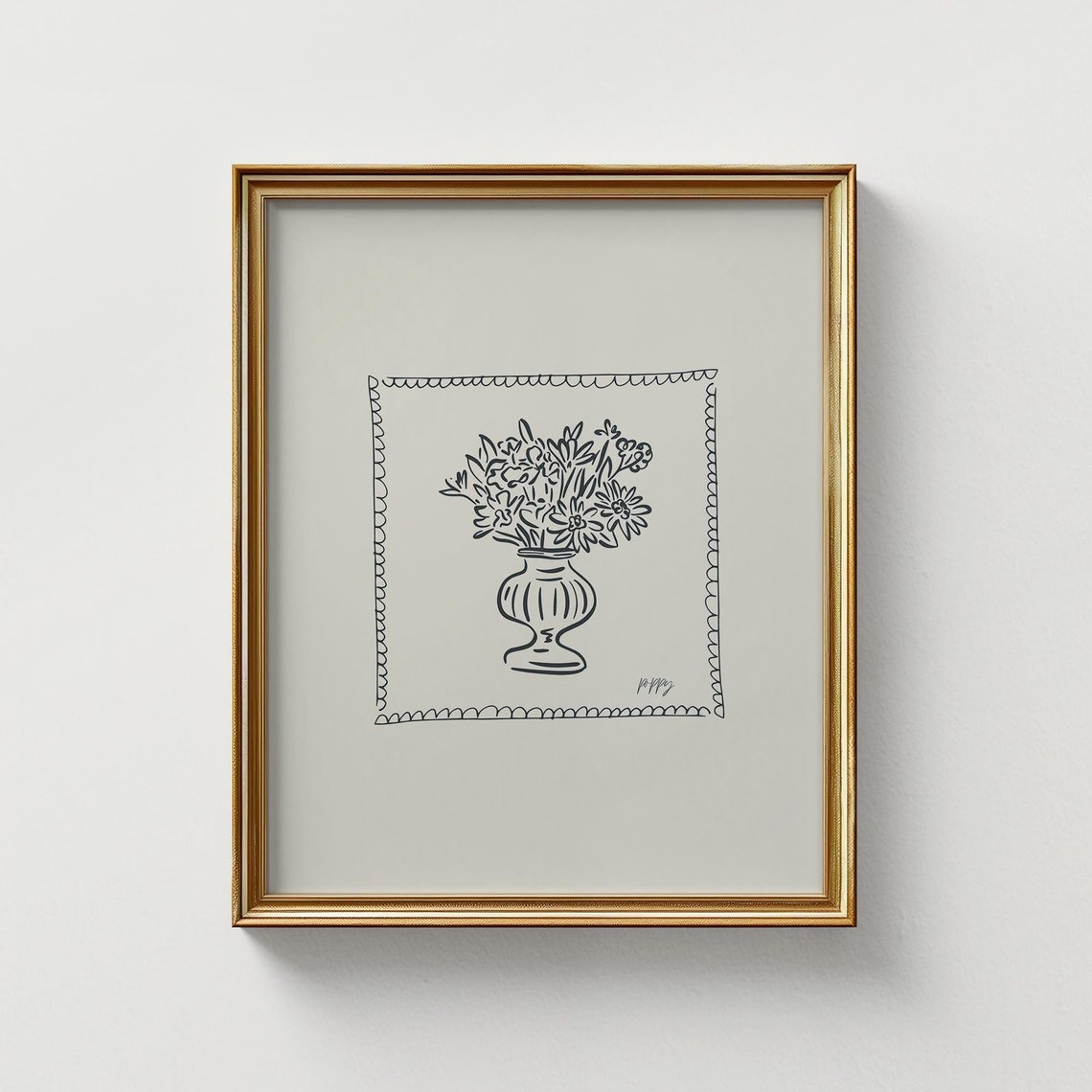 Black Floral Urn Scalloped Stamp Border Line Art Cream Wall Poster