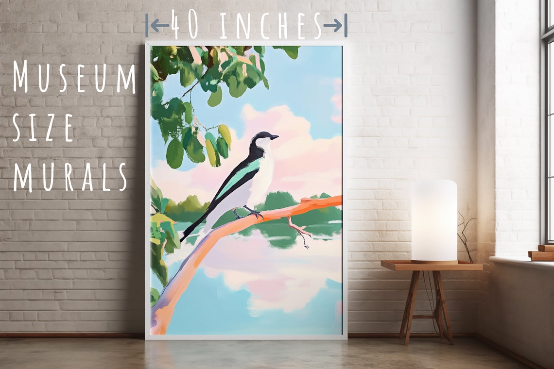 Songbird Black White Bird Perched on Lakeside Branch Art Poster - Image 5