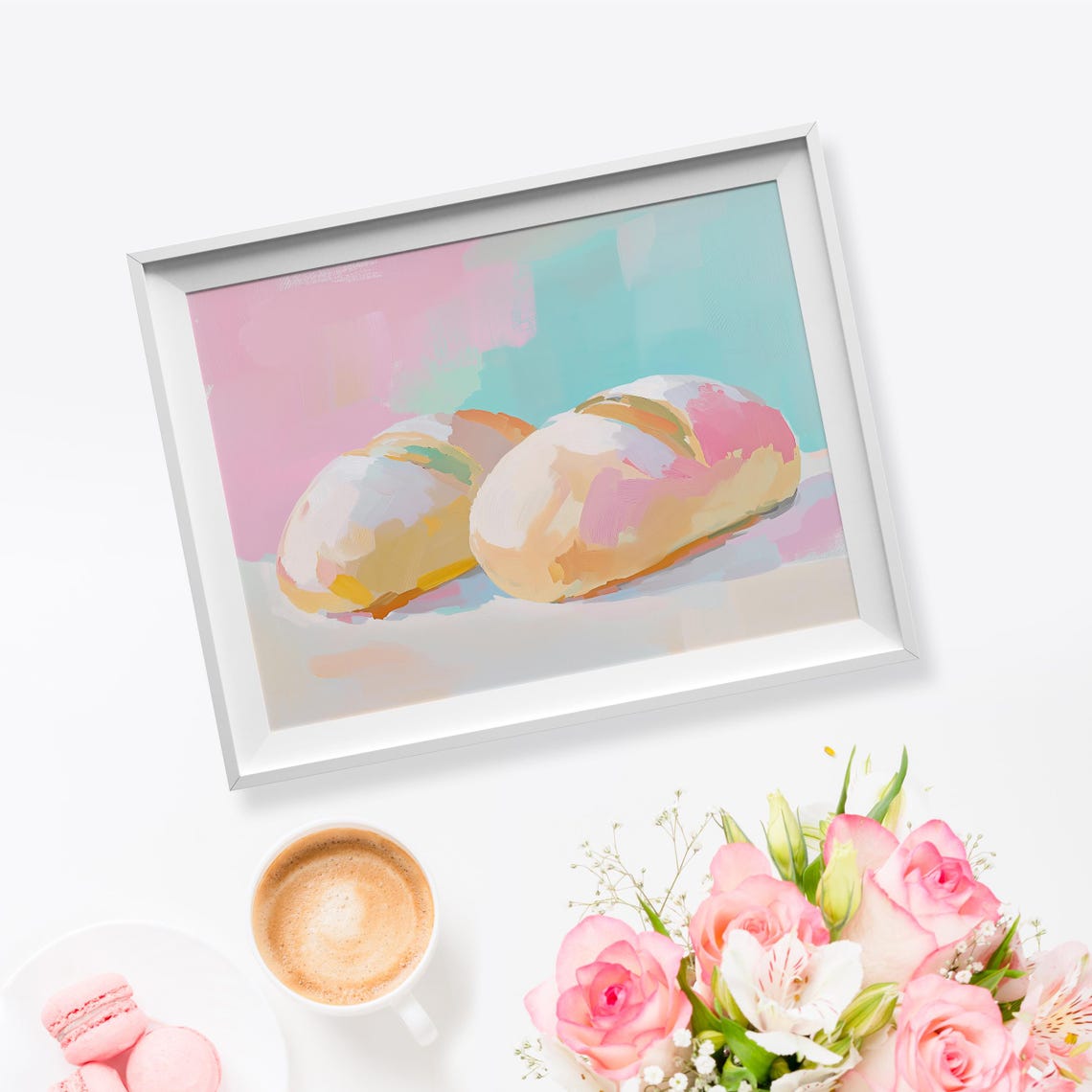 Fresh Bread Loaves Pastel Still Life Painting Pink Mint Kitchen Poster - Image 5