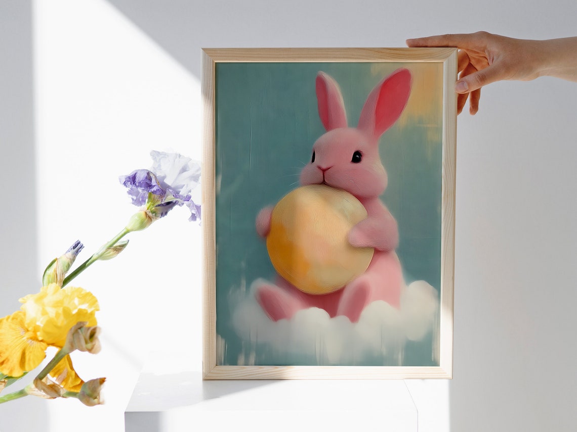 Cute Pink Bunny Holding Golden Egg Soft Pastel Nursery Art Poster - Image 4