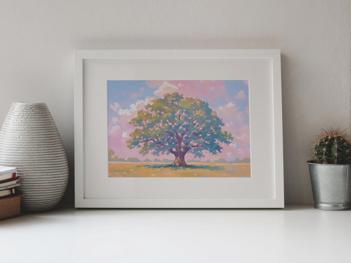 Lone Oak Tree Golden Field Sunset Pink Clouds Pastoral Art Poster - Image 4