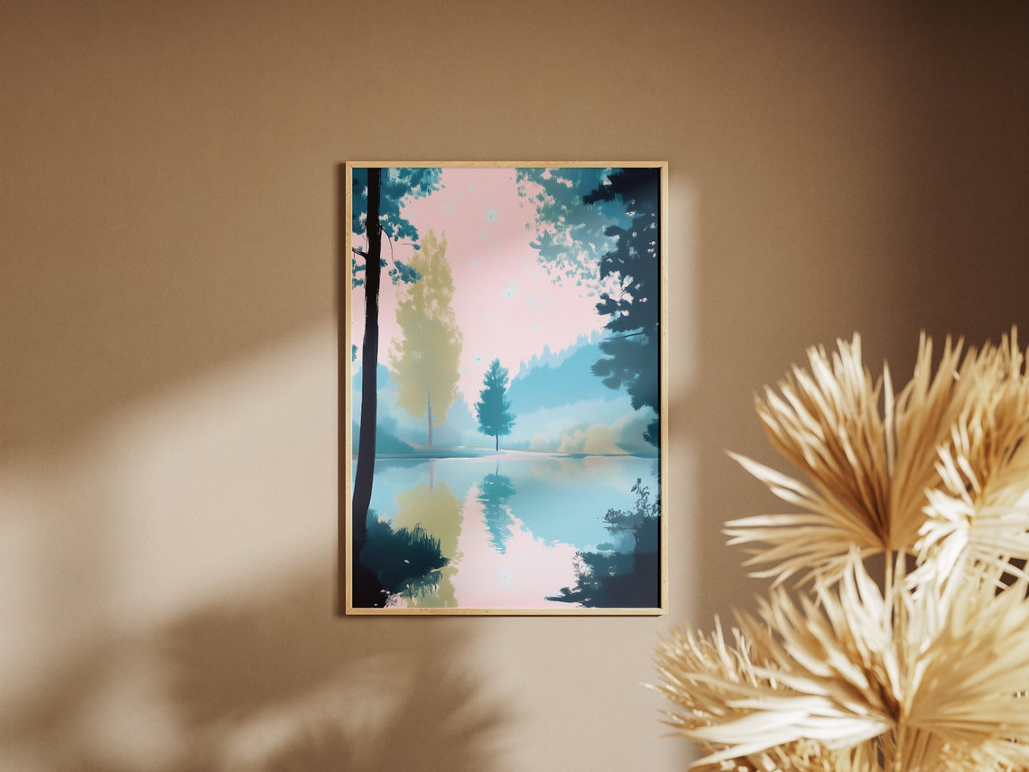 Misty Blue Forest Lake at Dawn Pastel Nature Landscape Wall Art Poster - Image 2