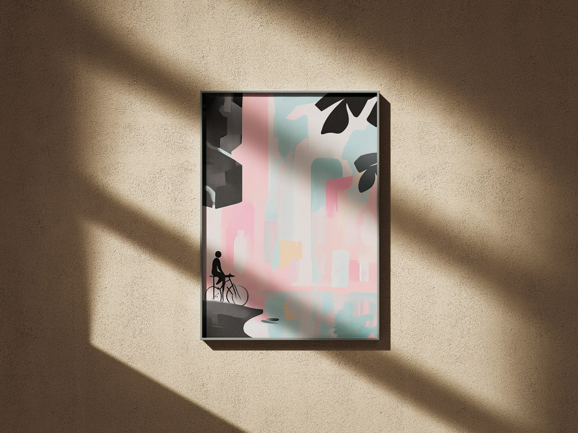 Minimalist Cyclist Silhouette Over Pastel City Water Art Poster - Image 2