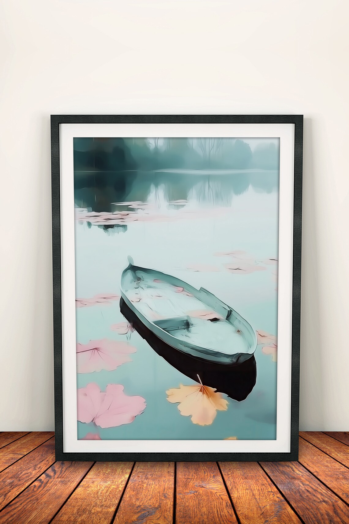 Empty Wooden Boat Floating Among Pink Lotus Leaves Misty Lake Art Poster - Image 2