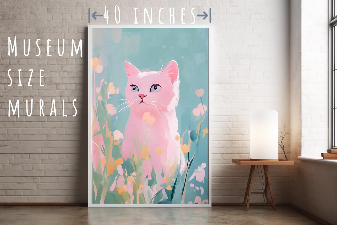 Pink Pastel Cat Blue Eyes Wildflower Garden Cute Kitty Art Print - Image 5