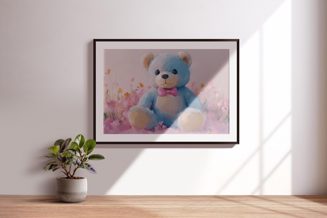Blue Plush Teddy Bear Pink Bow Tie Wildflower Field Nursery Kids Wall Art - Image 3