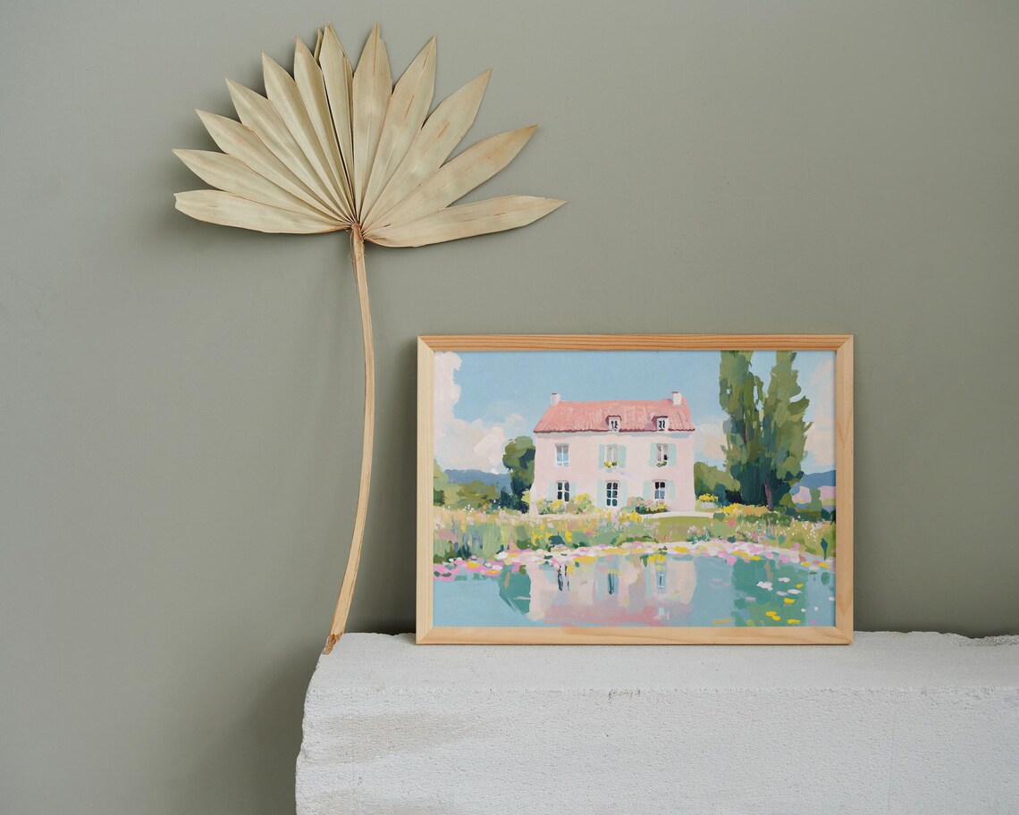 French Country House by Lily Pond Pastel Landscape Travel Poster - Image 2