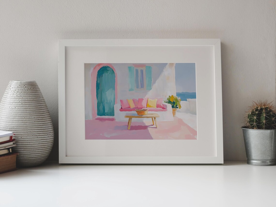 Mediterranean Terrace With Teal Arched Door Pastel Sea View Painting Poster - Image 4