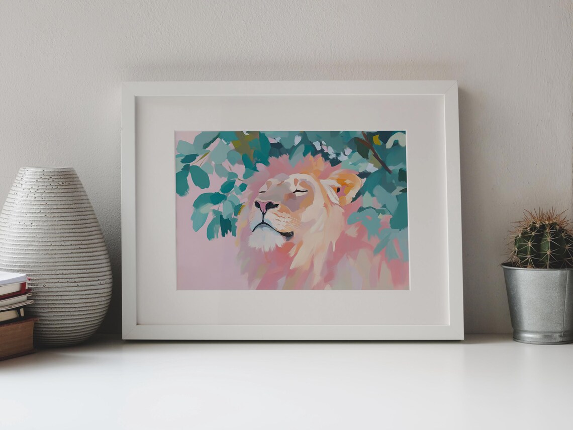 Serene Lion Portrait Resting Under Leaves Pink Teal Pastel Painting Poster - Image 4