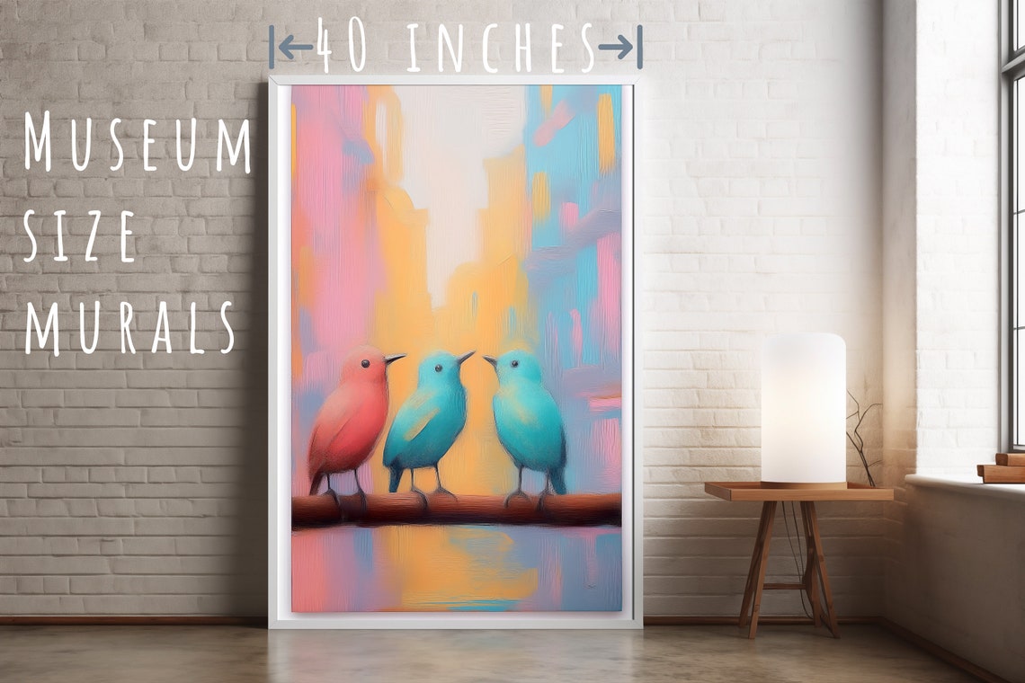 Three Pastel Birds Coral Teal Blue Chatting On Branch Art Print - Image 5