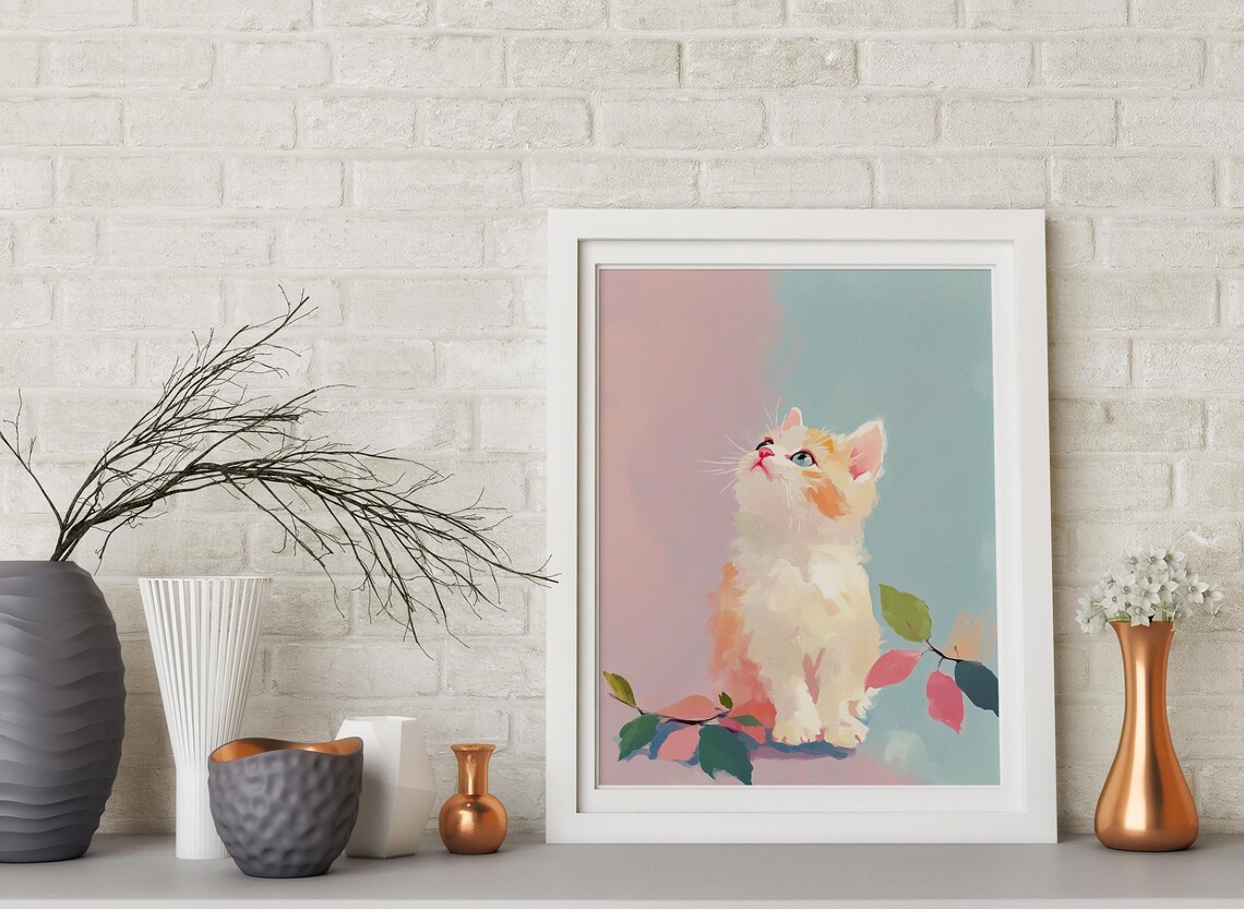 Cute Kitten Looking Up Pastel Pink Blue Sweet Cat Portrait Wall Art Print - Image 4