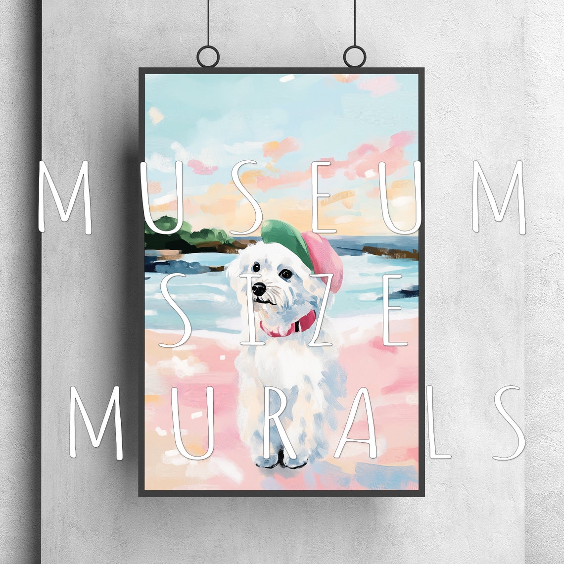 Funny White Fluffy Dog Wearing Cap Pink Beach Pastel Art Print - Image 3